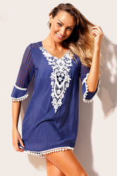 Blue Crochet Pom Pom Trim Beach Tunic Cover up